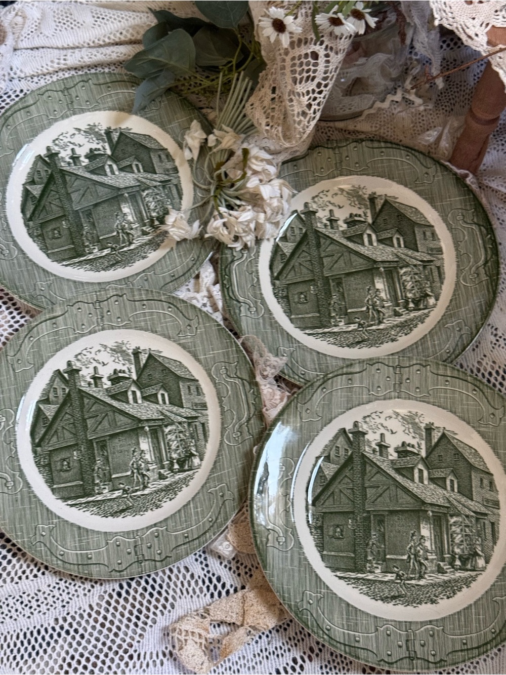 Vintage Green Transferware Decorative Plates - Set of 4